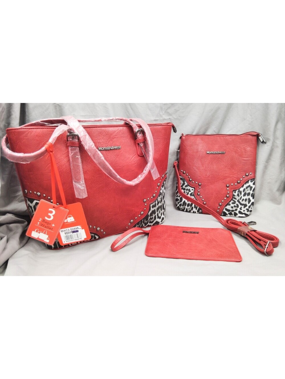 Montana West MWC3-G058R 3 Piece Tote Crossbody Wallet Leopard Western NWT Red